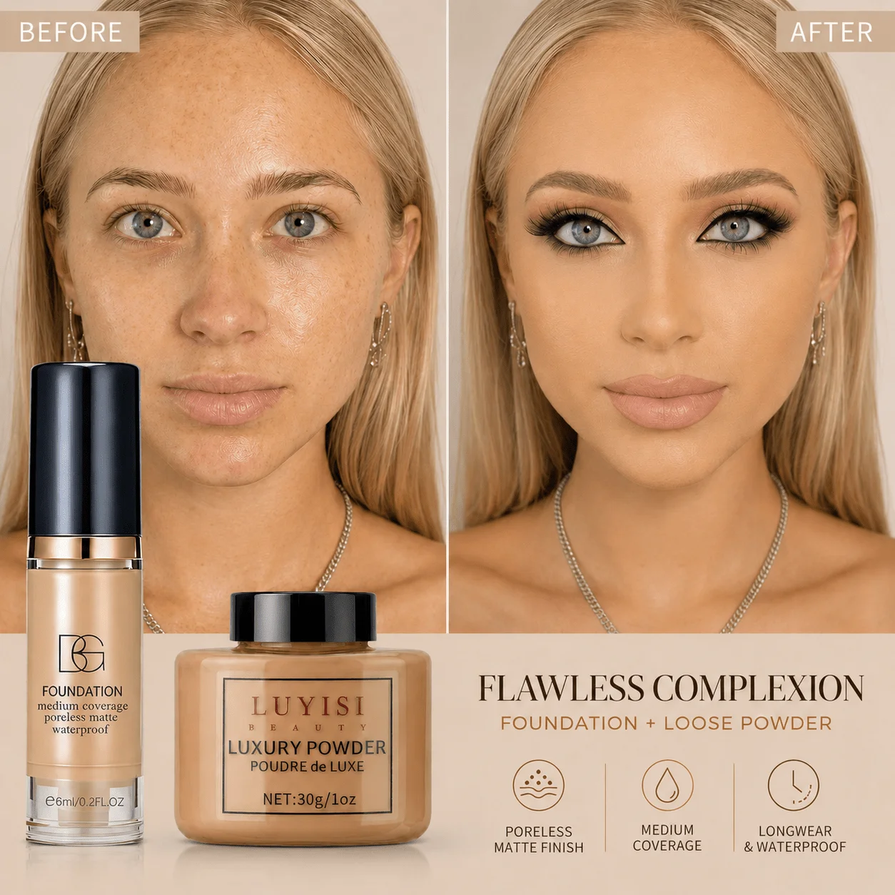 Facial Makeup Set:1pc Matte Loose Powder+1pc Waterproof Fundation,High-Coverage,Long-Lasting,Oil Control,Creat Natural Looks. - 4