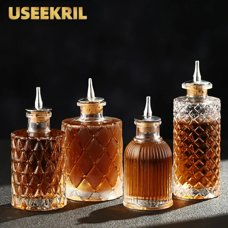 Vintage Glass Design Cocktail Bitters Bottle with Stainless Steel Dasher Top - Professional Bar Tool Accessory