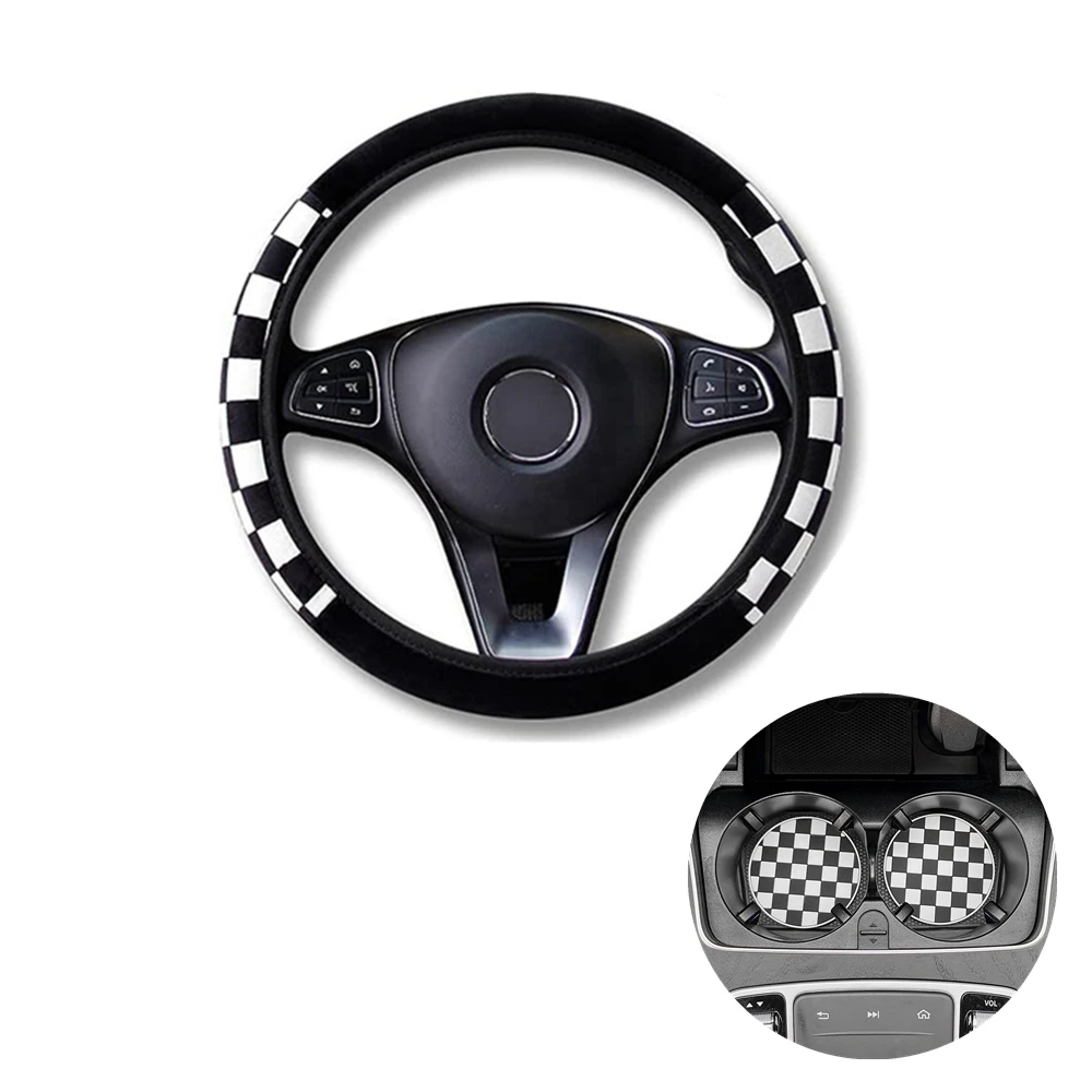 

Lattice Leather Steering Wheel Cover, 2Pcs Car Coasters, Non-Slip and Comfortable Unisex Universal Steering Wheel Cover 15 inch