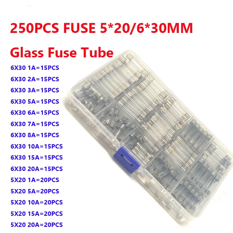 250PCS FUSE 5*20/6*30MM 5X20MM 6X30MM Glass Fuse Tube 15kinds of Specifications 1A~20A Fuse Assorted Kit