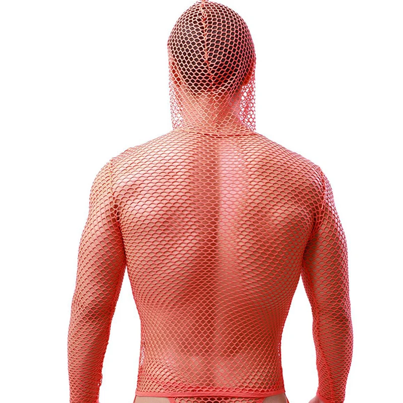 Sexy Men Mesh Hoodies Undershirts Lingerie Transparent Hooded T-shirts Fitness Fishnets Underwear Fetish Party Club Nightwear