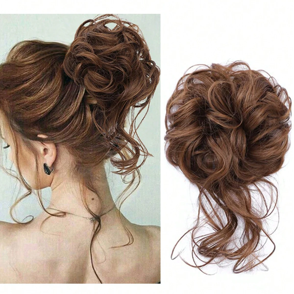 Chignon Sintetico Elegante con Ricci Disordinati e Elastico, Soffice e Facile da Gestire, Adatto per l'Uso Quotidiano Chignon sintetico disordinato e soffice, accessorio per capelli annodato, elastico per capelli, chignon, elastico per capelli, accessorio per coda di cavallo, fascia per capelli da donna - immagine 5