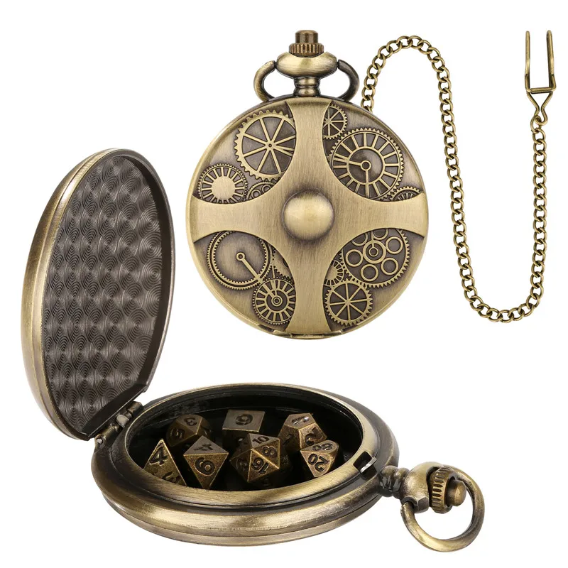 Taschenuhrengehäuse mit gravierter Getriebeabdeckung und Fob-Kette, 7 Teile/satz, Metall, polyedrische Würfel, Spielzubehör, Rollenspiel, Gaming – Detail 3