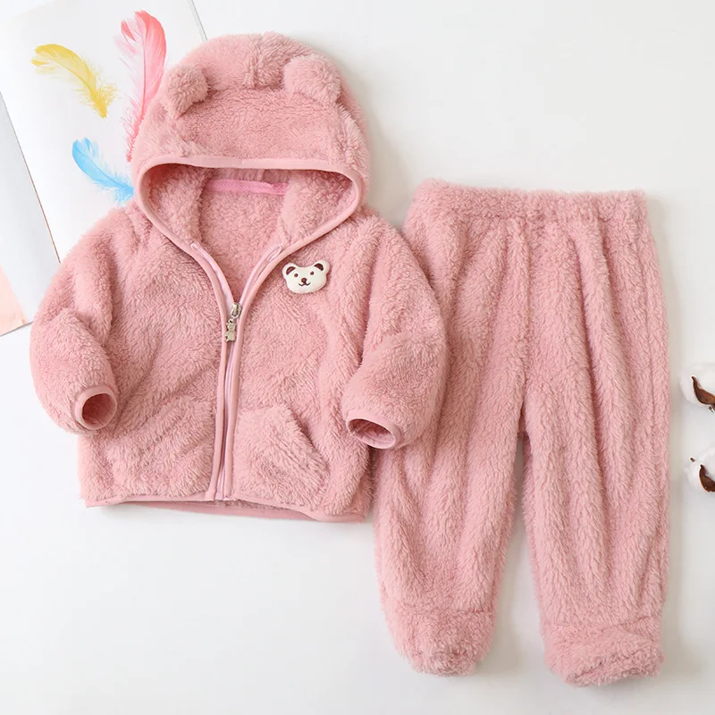 Cartoon Shower Windproof Toddler and Baby Girls Boys Fleece Coat+Pant Sets Full Zip Hooded Children Outfits Clothing 0-24 Months sun baby clothing set