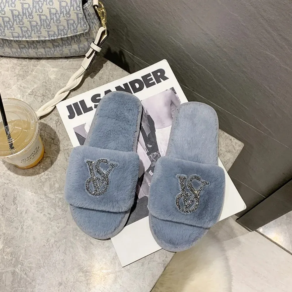 Female Home Cotton Slippers Women Autumn Winter Hairy Warm Footwear Fashion Letter Rhinestones Sandals Woman Casual Flat Shoes 4