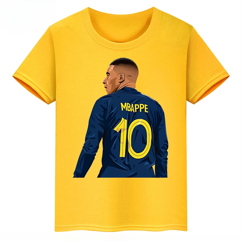 thumbnail image 1 of Camiseta deportiva de algodón amarilla de manga corta de verano para niños y niñas con estampado de avatar de Mbappé, 1 of 5