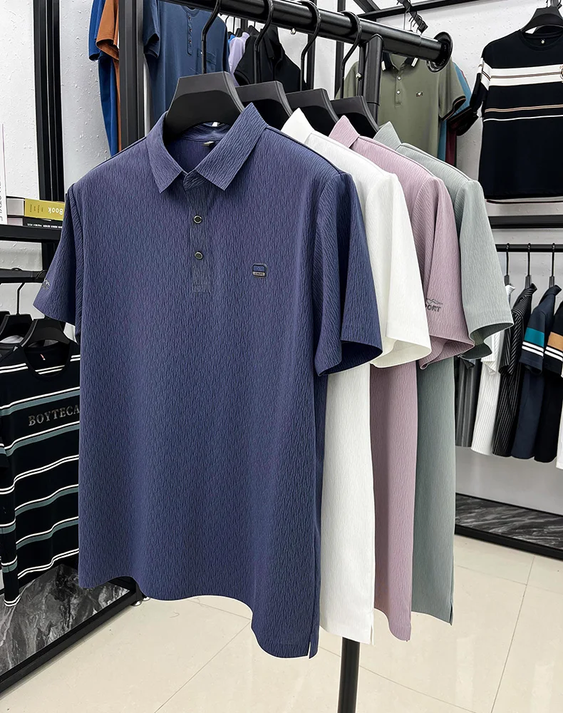 Personality texture striped short sleeve polo shirt men's light luxury brand summer silky breathable fashion embossed T-shirt 10 Sea1dccb4bc774e8d8efa44b4bfa3f53fM
