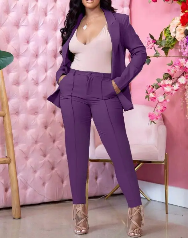 Women Outfit 2023 Solid Color Blazers Suit Collar Large Lapel Stretched Lady Office High Waist Pencil Pants Two Piece Sets