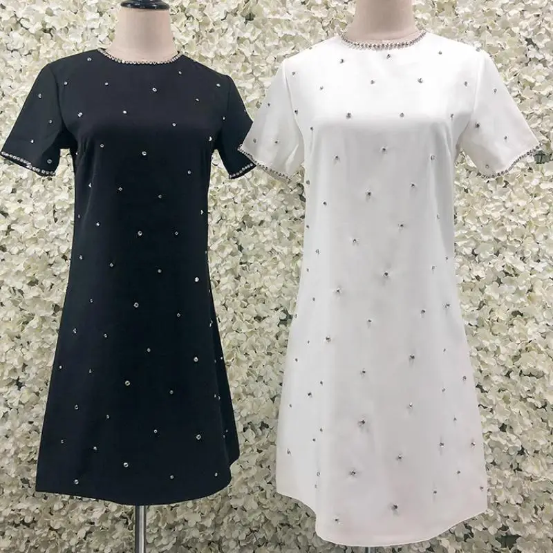 

Beaded Black White Elegant Ladies Dress Short-Sleeved Luxury Design Women Summer Full Body Rhinestones Party Korean Clothing