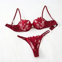 Ensemble de Lingerie en dentelle transparente, deux pièces, motif Floral exquis, soutien-gorge ultra-fin, slip, solide, exotique, pour dames, 23171A 1