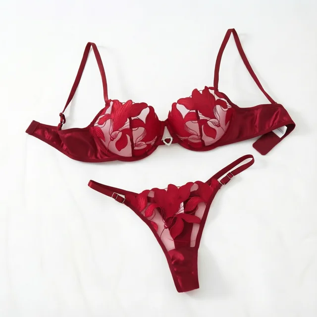 Ensemble de Lingerie en dentelle transparente, deux pièces, motif Floral exquis, soutien-gorge ultra-fin, slip, solide, exotique, pour dames, 23171A 1