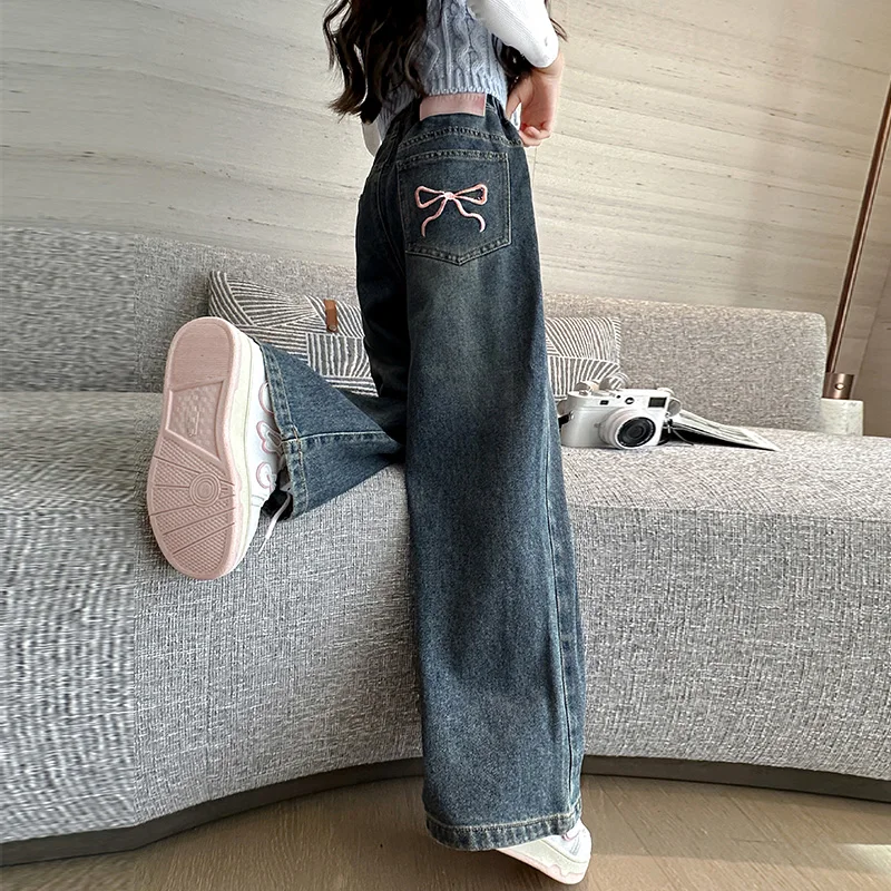 Girls Embroidered Pink Bow Jeans 4