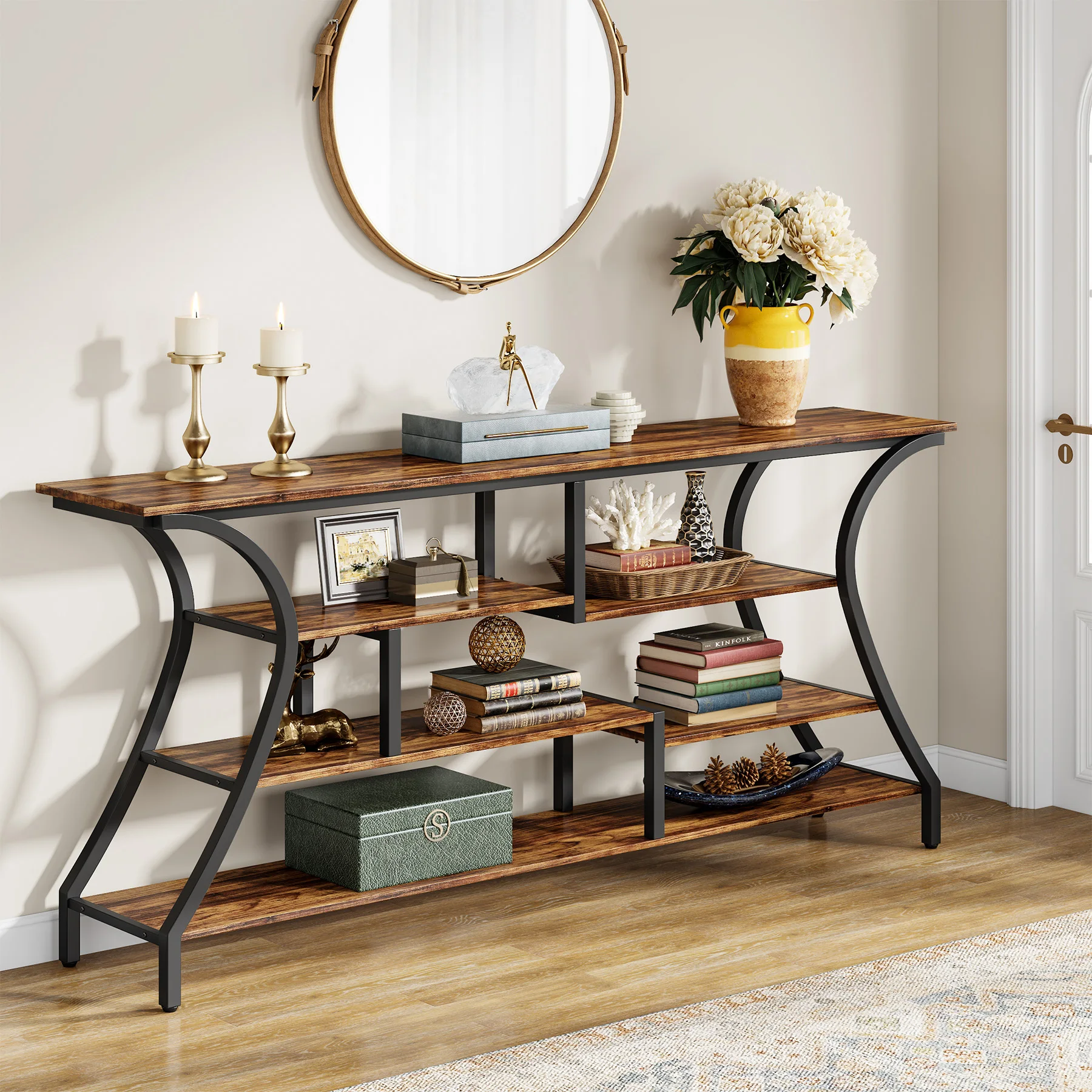 Tribesigns Industrial Narrow Console Table, 70.9 Inch Extra Long Sofa Table with Storage Shelves, 4 Tier Entryway Table