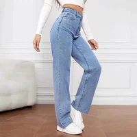 Plus Size High Waist Ladies Jeans Light Wash Loose Wide Leg Large Straight Tube Pants Female Clothing Jeans Straight