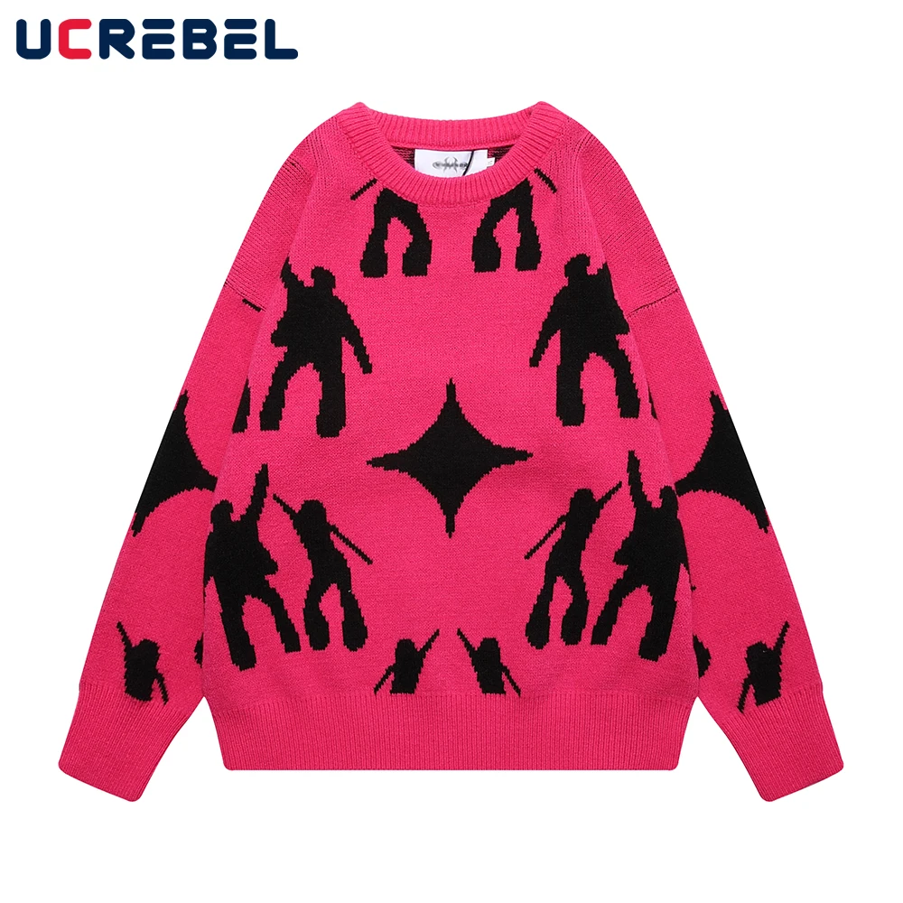 

High Street Jacquard Crew Neck Knitted Sweater Mens Autumn Loose Long Sleeve Pullover Men