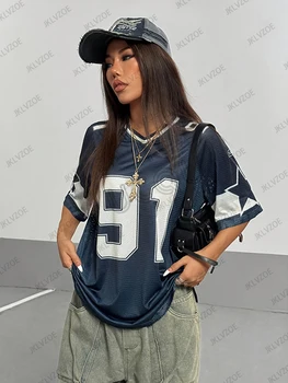 Oversized T-shirt For Women V-Neck Short Sleeve Summer Patchwork Blue Speed 91 Print Casual Tees Sports Football Jersey Y2k Tops 1
