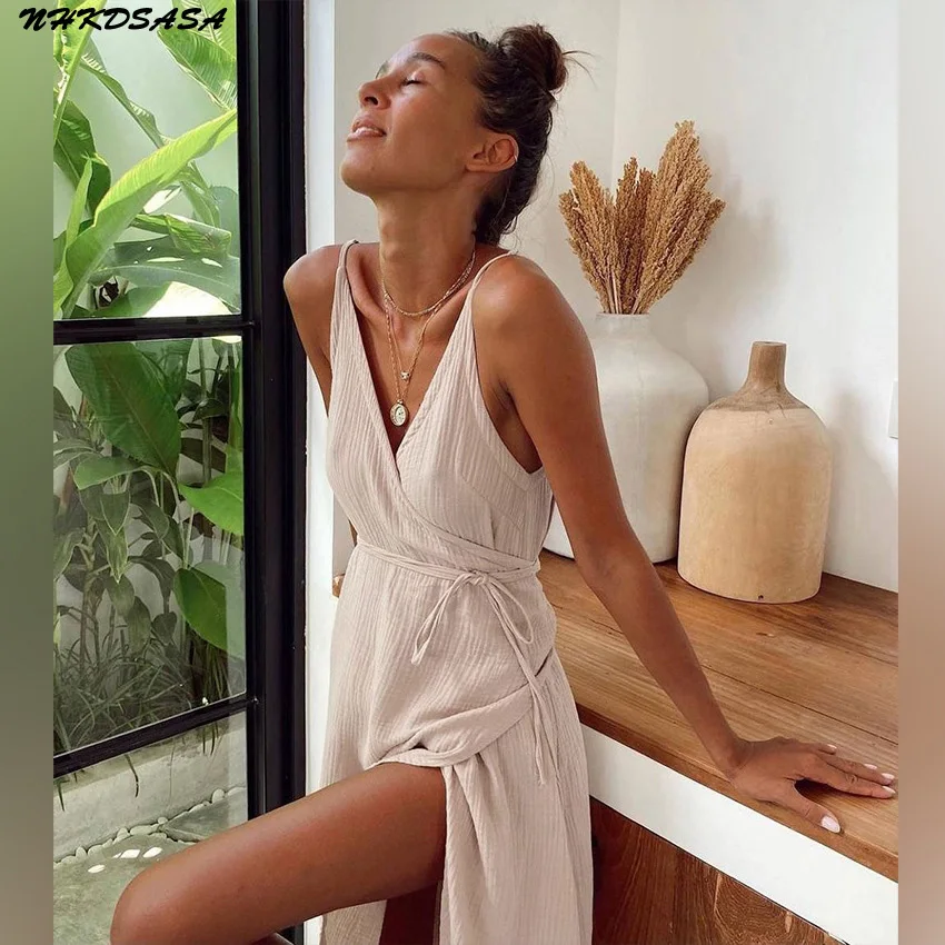 NHKDSASA Irregular Women's Dress Cotton Sexy Spaghetti Strap V Neck Lace Up  Night Dress Women Summer Casual Nightwear 2023 - AliExpress 200574005