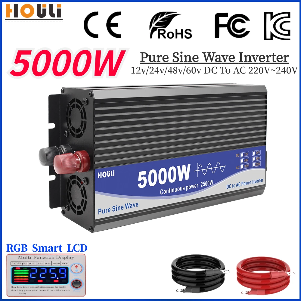 

3000W 4000W 5000W Pure Sine Wave Power Inverter 12V 24V 48V 60V DC to AC 220V 230V Voltage Converter Car Solar Transformer LCD