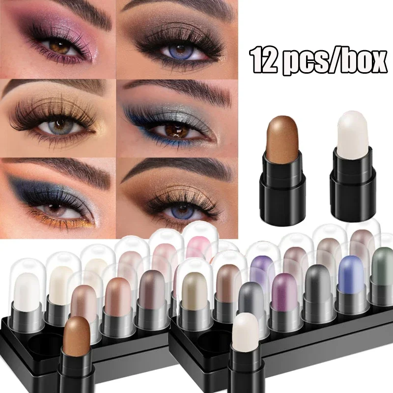 12pcs/set Eyeshadow Stick Glitter Waterproof Lasting Pearlescent Eyeshadow Pencil Highlighter Stick Pen Eyes Makeup Beauty Tools image