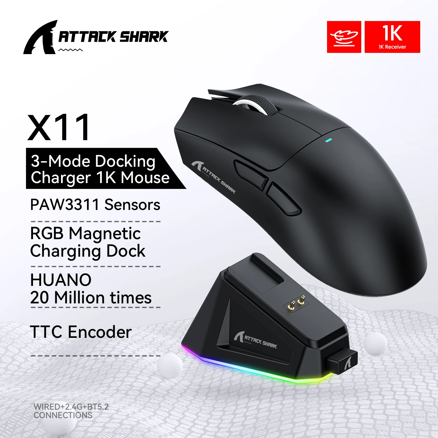 ماوس الألعاب اللاسلكي Attack Shark X11: 3-Mode (2.4 جيجا هرتز/سلكي/بلوتوث)، PAW3311، 22000 نقطة في البوصة، 400 رطل، ماوس ألعاب الكمبيوتر