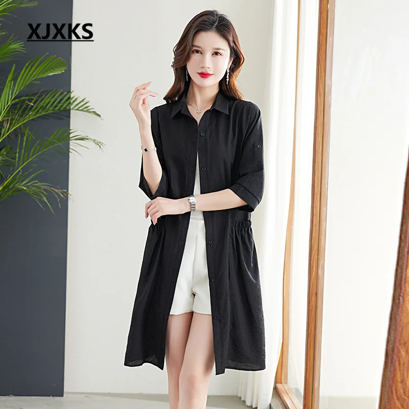 

XJXKS Fashion Lapel Seven-minute Blouse 2023 Summer Autumn New Loose Oversize All-match Single Breasted Cardigan Sunscreen