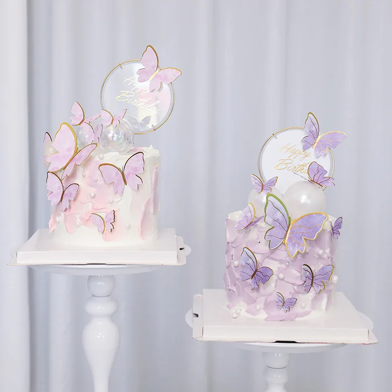 Cake topper Purple Pink Butterfly Cake Decoration Happy Birthday Cake Topper Handmade Painted For Wedding Birthday Party Baby Shower