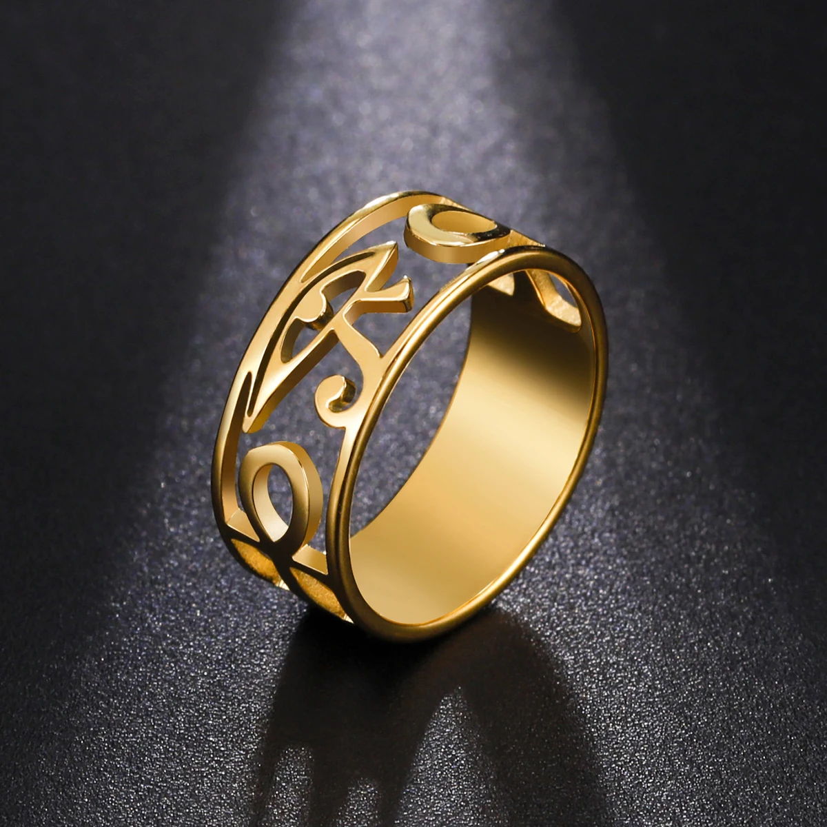 LIKGREAT Ancient Egypt Eye Of Horus Ring Stainless Steel Hollow Ra