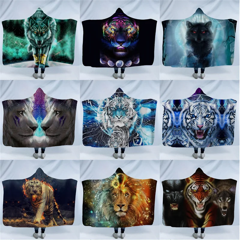 AnimalsPrintedHoodedBlanketWarmAdultsKidsColorfulTigerSherpaFleeceWearableThrow