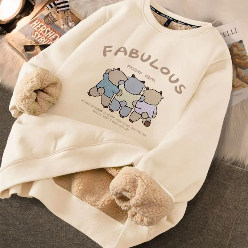 Cute Cartoon Print O Neck Sweatshirts Women Loose Casual Vintage Pullover Hoodies Thickend Warm Autumn Winter 2023 Korean Tops