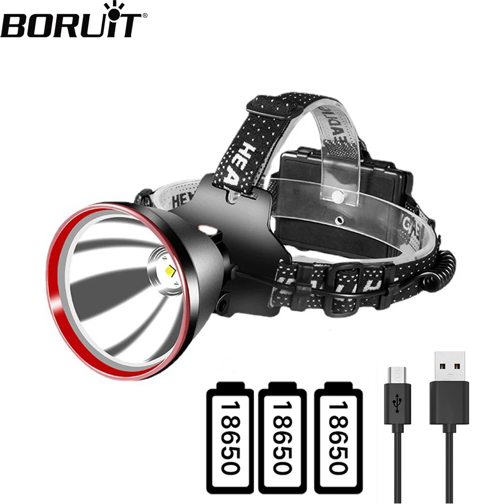 

BORUiT 5000LM Powerful LED Headlamp USB Rechargeable 18650 Headlight Waterproof Power Bank Head Torch Long Range Camping Lantern