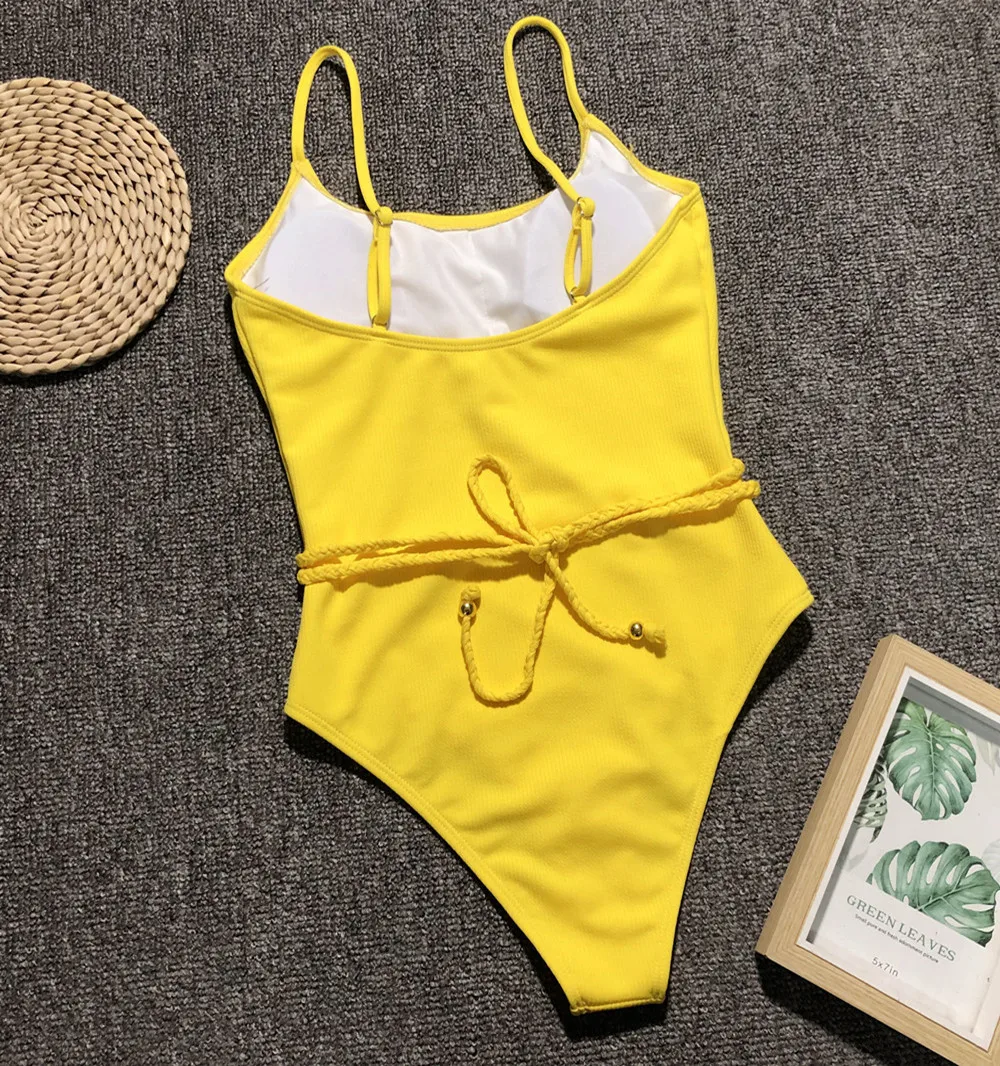 High Quality Swimsuits Solid Color Bandage Swimwear Women High Waist Brazilian Swimming Suit One Piece Monokini Summer Beachwear cute bikini sets