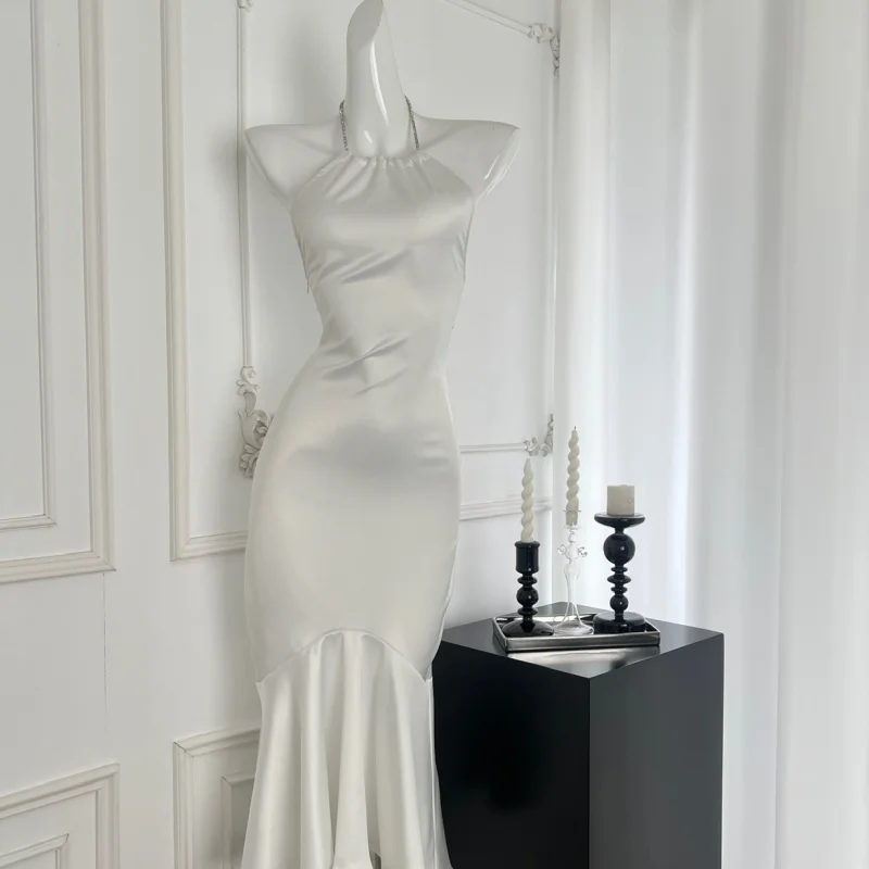 

White Dance Elegant Dress Summer Sling Dress French Dress Sleeveless Satin Neckline Holiday Stylesimple Long Fishtail Skirt