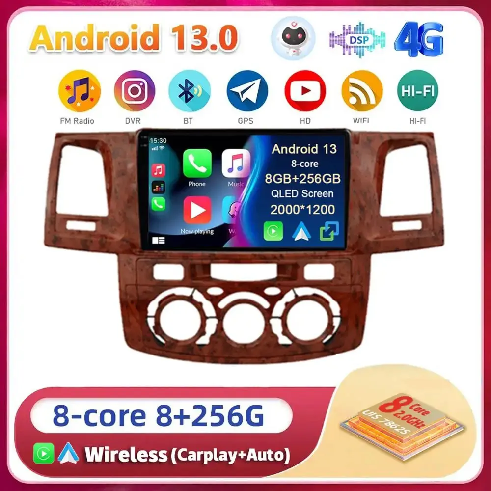 

Android 13 Carplay Auto For Toyota Fortuner HILUX Revo Vigo 2007-2015 Car Radio Multimedia Player GPS Stereo 2din Head Unit DSP