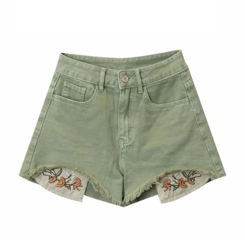 2024 Summer New Women High Waist Button Solid Color Spliced Pocket Tassel Embroidery Fashion Retro A-line Casual Wide Leg Shorts