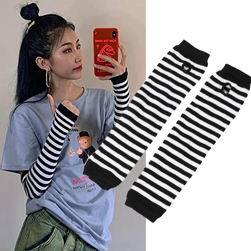 Autumn and Winter Women Anime Black White Striped Elbow Gloves Warmer Knitted Long Fingerless Arm Gloves Mittens Christmas Gift fingerless gloves