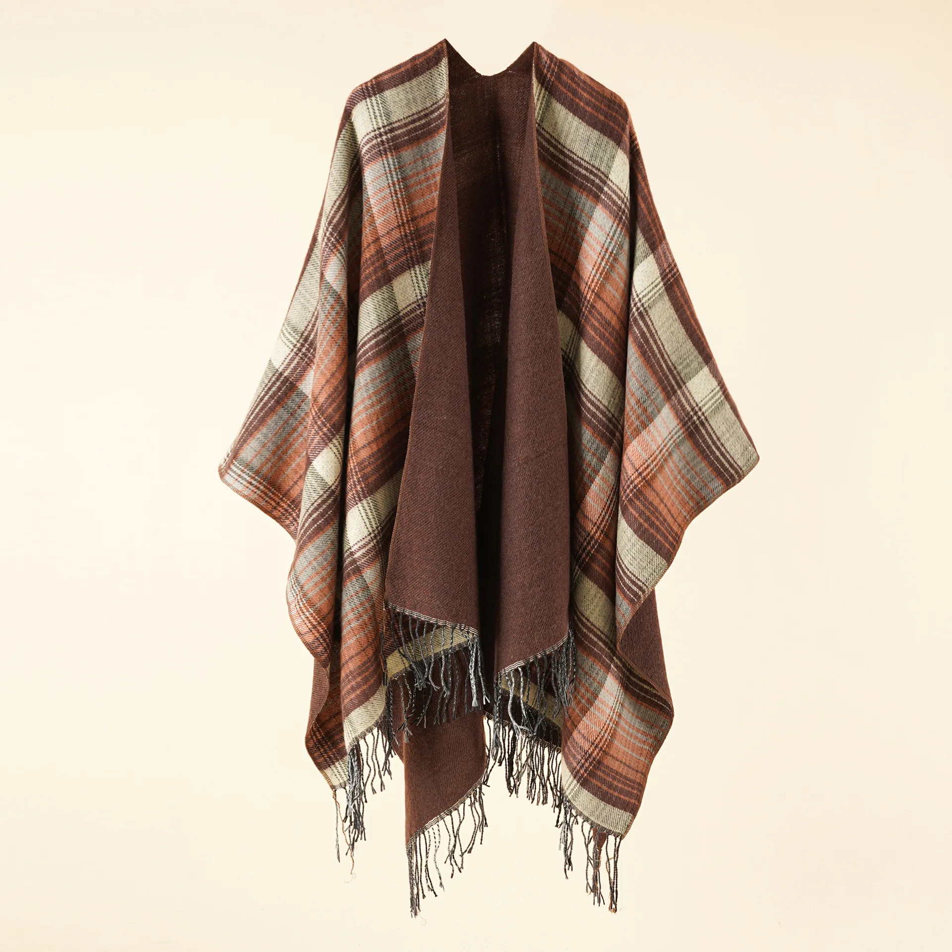 2022 Autumn Winter New Color Grid Pattern Imitation Cashmere Warm Casual Women Tassels Shawl  Poncho Capes Lady Coat Coffee 2022 spring hanging dyed shawl tassels on four sides gradient color wavy pattern loose large knitted hollow pullover coffee