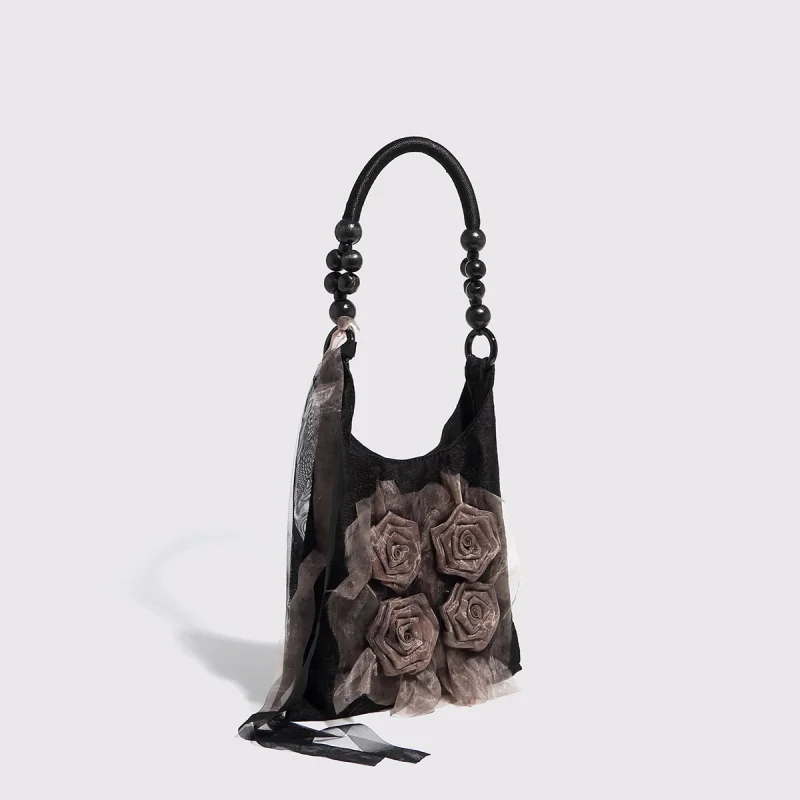 Vintage Chinese Style Botanical Tie Dye Rose Flower Fold Shoulder Tote Bag for Commute Handbag