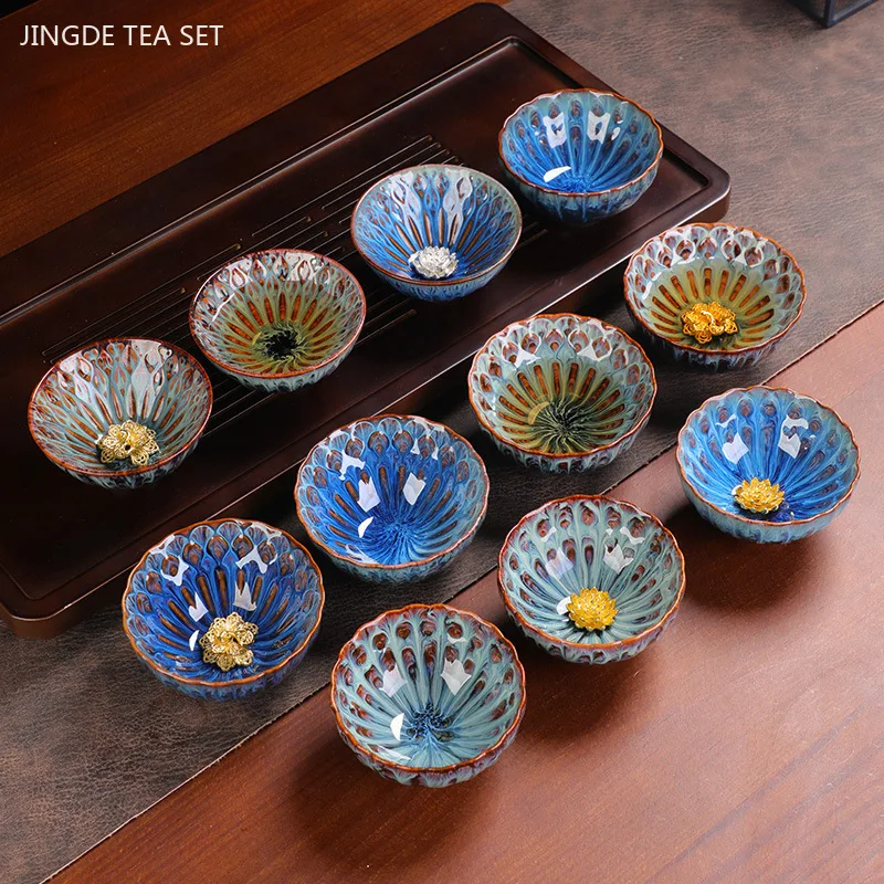 100ml Exquisite Kiln Change Gold Lotus Tea Cup Ceramic Home Master Cup Handmade Beauty Small Tea Bowl Zen Tea Set Accessories