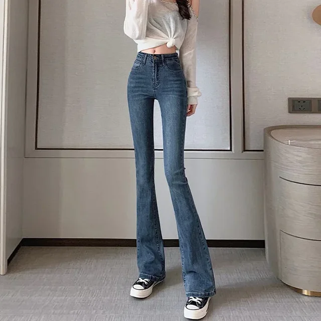 Jean amincissant en Denim à jambes droites pour femme, Petite, bleu, gris, haute élasticité, Micro évasé, façonnant, Silhouette lisse, automne/hiver 3