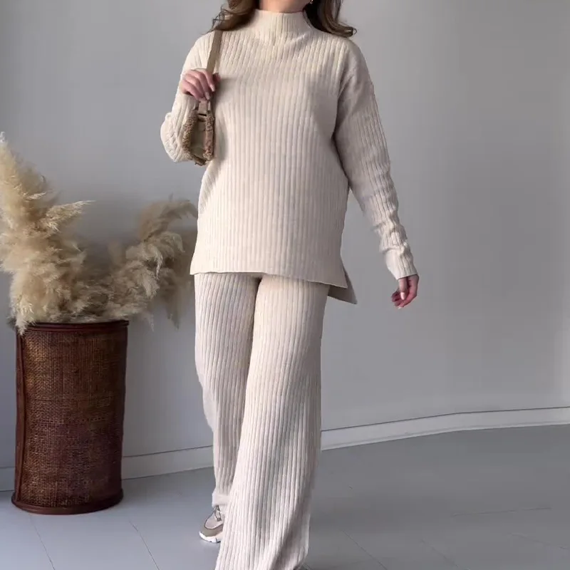 Simple Casual Loose Top Pants Knitted Set