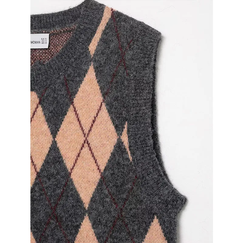 Chic Elegant Argyle Pattern Vests For Women 2025 Sleeveless Knitted Vest Sweater Female Streetwear Casual Waistcoat Tops ﻿