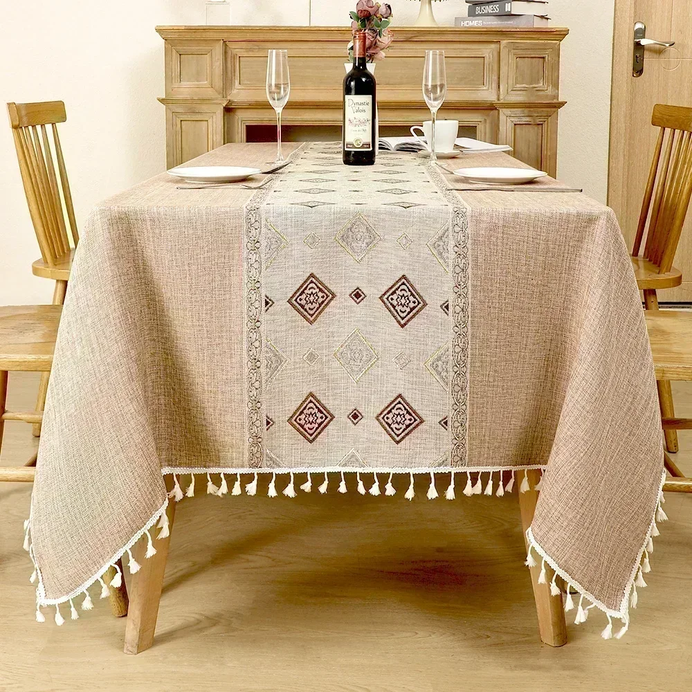 thumbnail image 1 of Mantel Rectangular resistente a las arrugas, impermeable, lavable, cubierta de mesa de granja con borlas, 1 of 5
