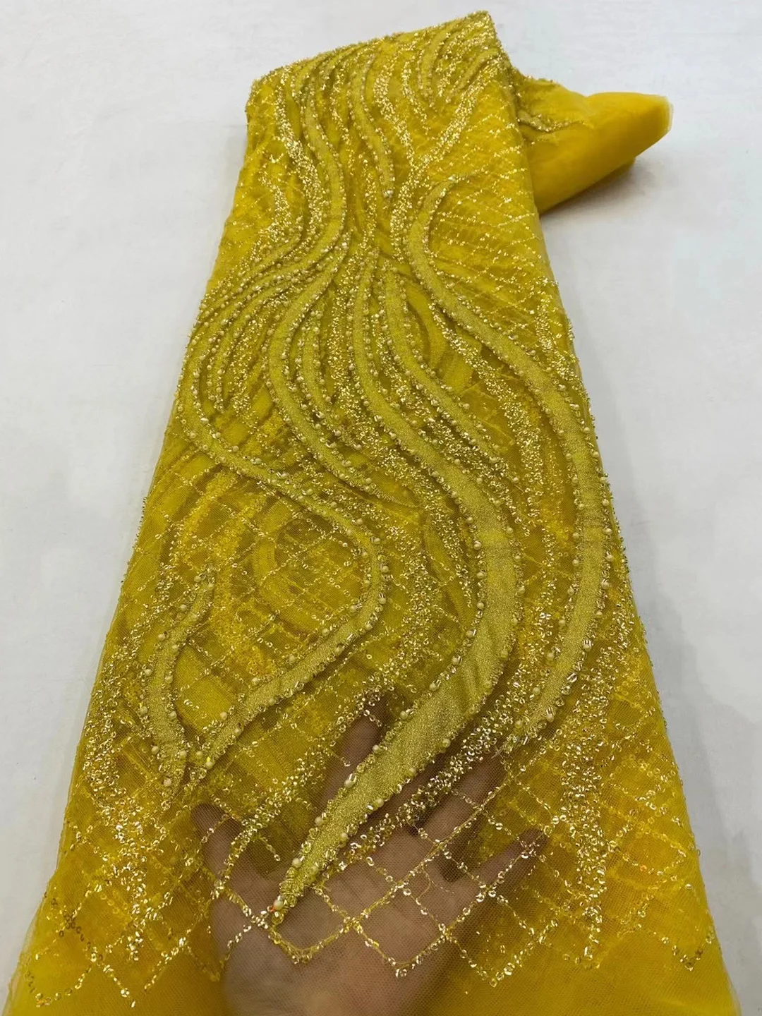 

(5yards/pc) High quality yellow African wedding tulle lace with beads sequins newest French net lace for party dress FZX197