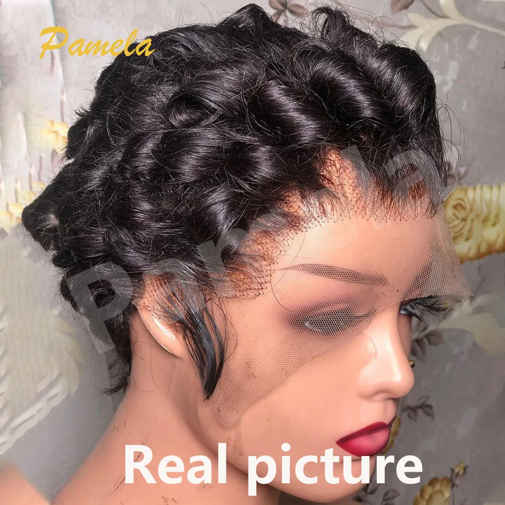 Reddish Brown Short Bob Loose Wave Human Hair Wigs Honey Blonde Short Bob Pixie Cut Transparent Lace Front Wigs For Women