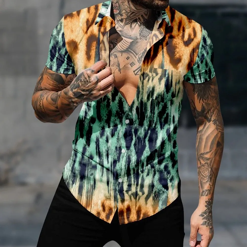 

Casual Hawaiian Shirt Fashion Short Sleeve Shirt for Men Leopard Tie Dye Vintage Tops Harajuku Y2k Streetwear Cozy Clothes Bluas