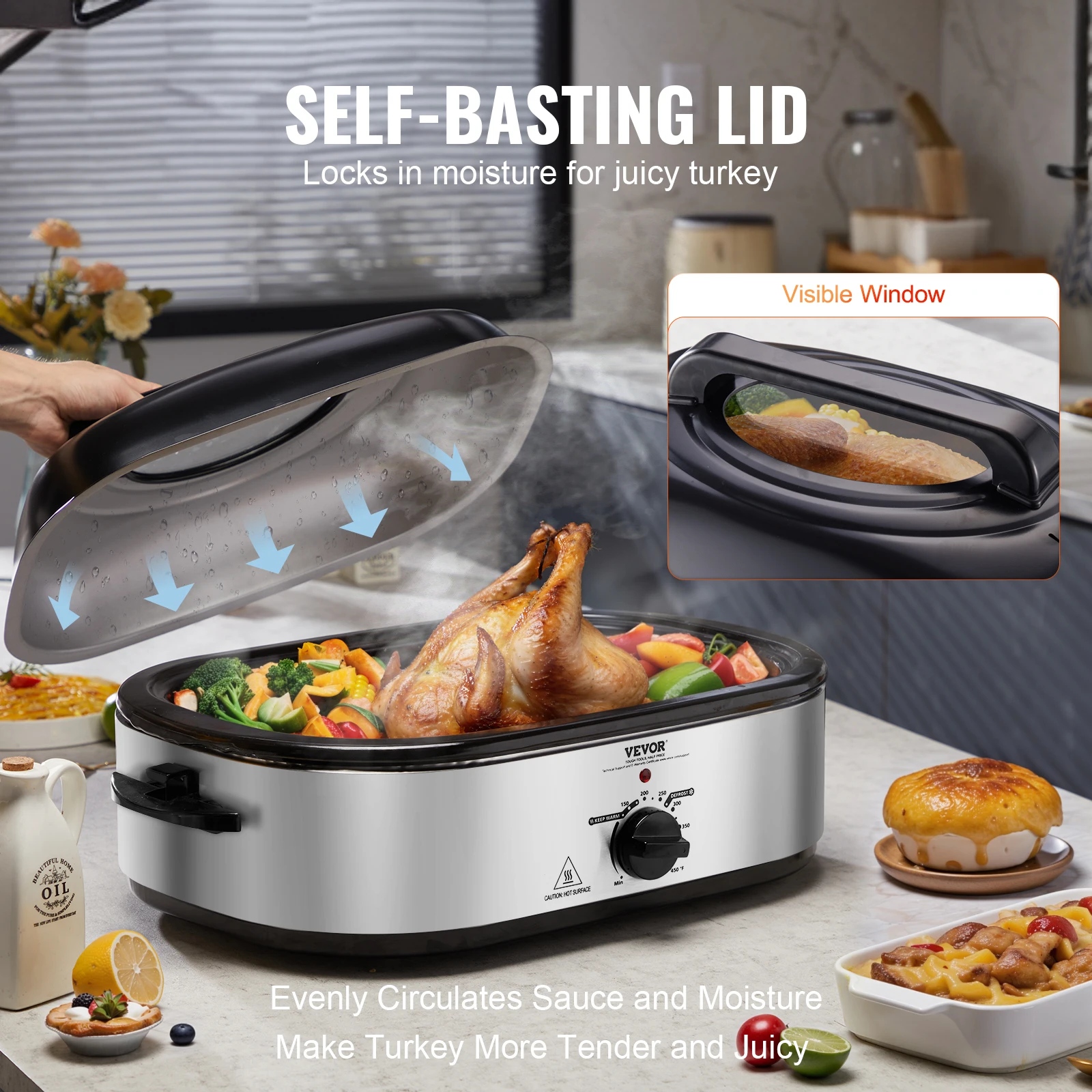 VEVOR Electric Roaster Oven 18QT Turkey Roaster Oven with Self-Basting Lid 1450W with Defrost & Warm Function 22LBS