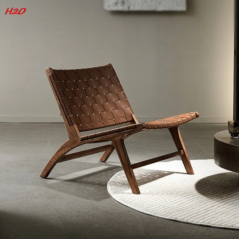 Scandinavian Ash Wood Beach Chair Solid Wood Rope Chair Saddle Leather Net Red Folding Balcony Outdoor Leisure Rope