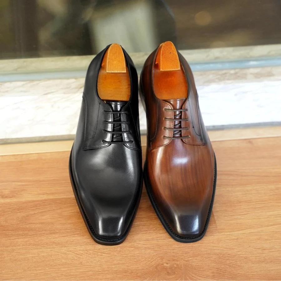 Italian Flat Mens Dress Shoes Luxury Genuine Leather Brand Handmade Quality Square Toe Laces Up Business Party Social Shoes mens leather dress shoes