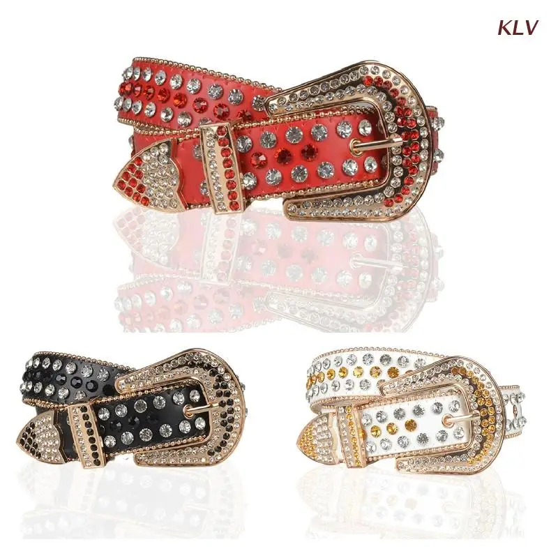 

Goth Punk Rhinestone Belts Women PU Leather Strap Rhinestone Belts Western Cowboy Y2K Girls Fashion Belt for Jeans Men 6XDA