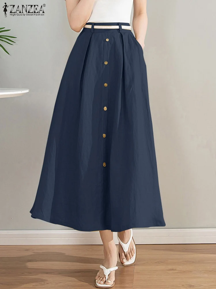 

ZANZEA Leisure Elegant A-line Skirts Loose Plain Midi Skirt Casual Office Wear Faldas Women Oversize Cotton High Waist Long Jupe